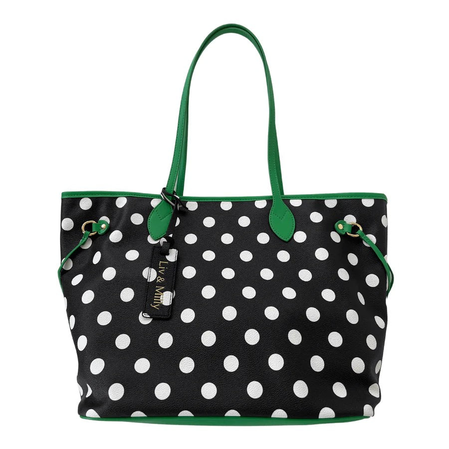 Celeste Tote - Black & White Spots With Green Trim