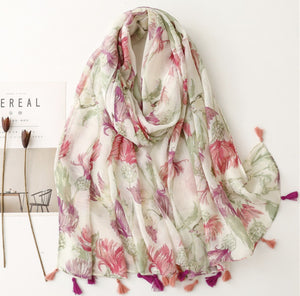 Floral Scarf With Hues Of Sage, Magenta And Pinks