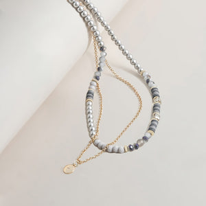 2 Row Bead & Pearl Necklace Grey