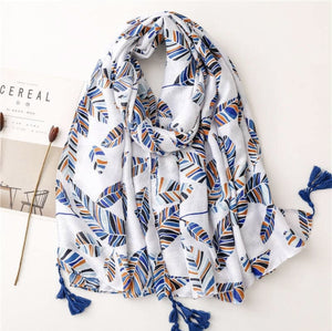 Scarf - White With Navy Taupe & Blue Feathered Pattern