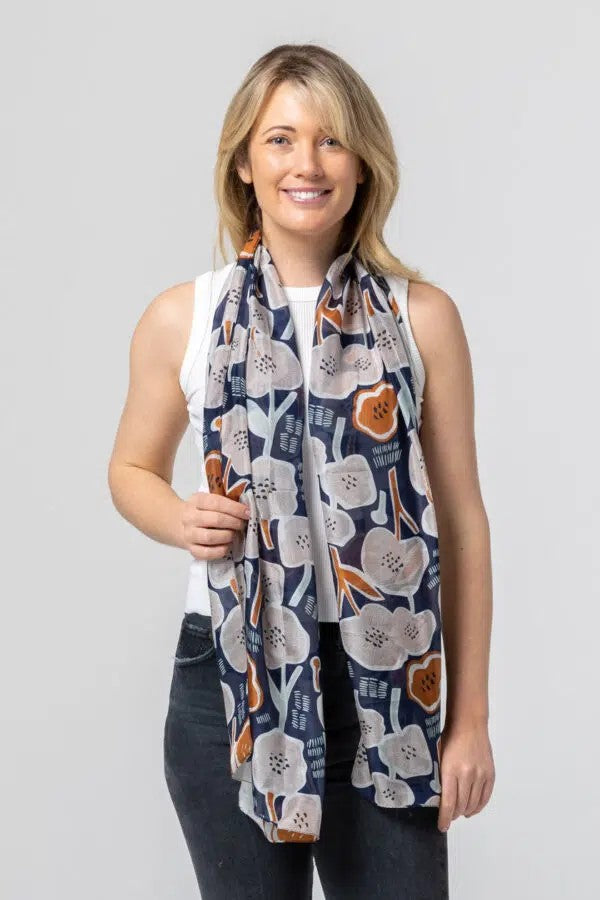 Native Hibiscus Silk Scarf Indigo/rust/natural 