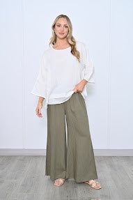 Wide Leg Linen Pants With Side Pockets- Khaki [siz:small To Med]