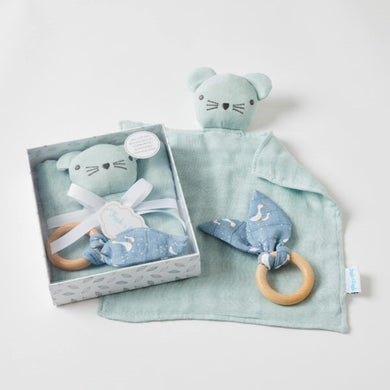 Misty Blue Double Musin Comforter & Wooden Teething Ring 