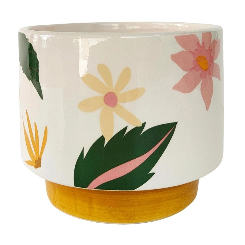 Cassia Floral Ceramic Planter Peachgreen & White