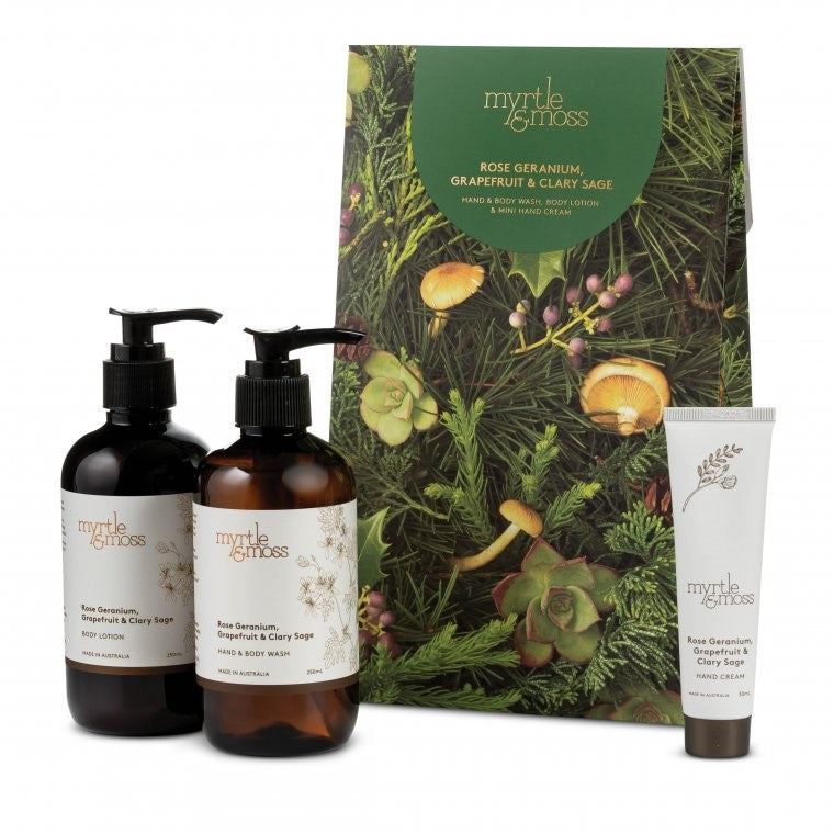 Myrle & Moss Christmas Trio Gift Set- Rose Geranium, Grapefruit & Clary Sage 